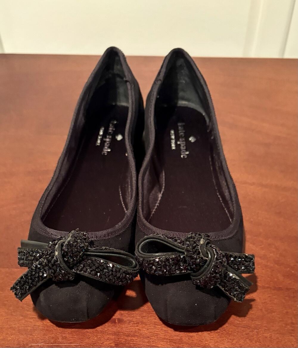 kate spade new york Women's Black Ballet Flats Glitter Bow Slip-On US 5 M